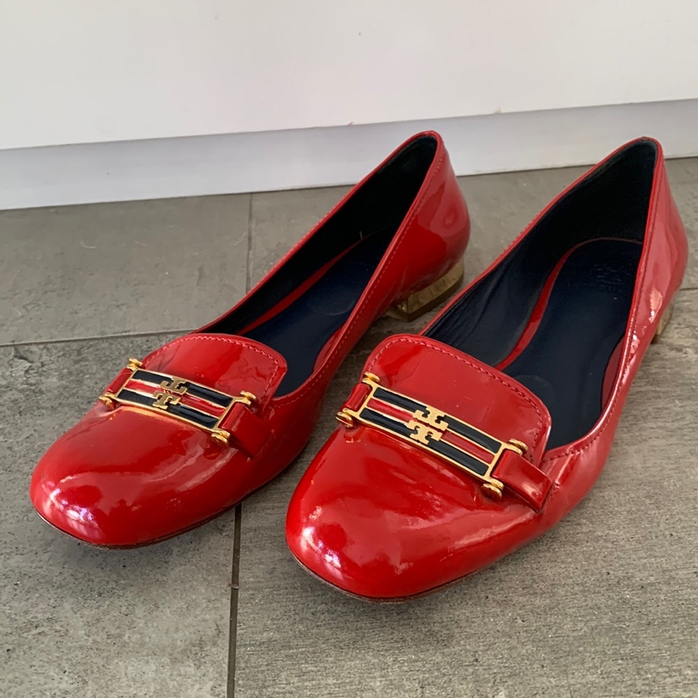 Tory Burch red patent loafers with gold heels, size 10